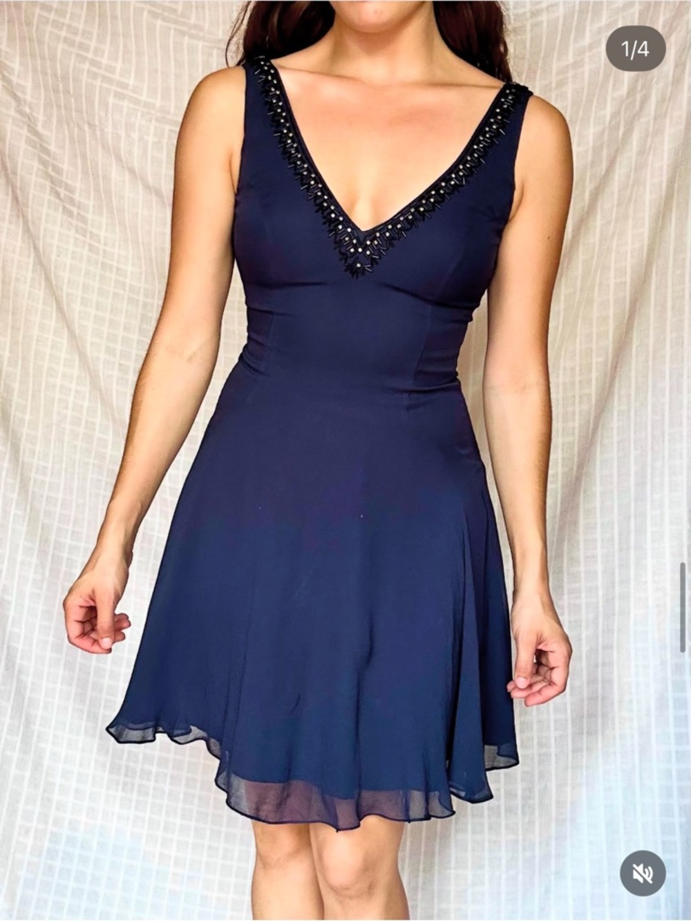 French Connection Navy V-Neck Beaded Mini Dress